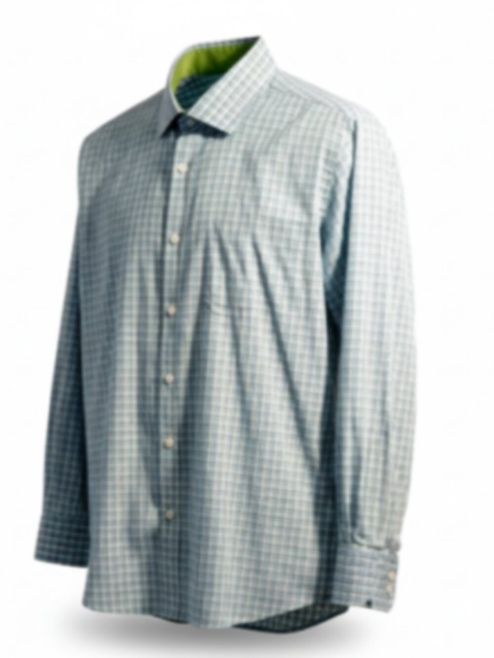English Laundry Mens Dress Shirt 16 34/35 Blue Green Check Flip Cuff Logo Cotton
